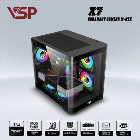  Vỏ case VSP AQUANAUT PRO GAMING M-ATX X7 - ĐEN ( NO FAN) 