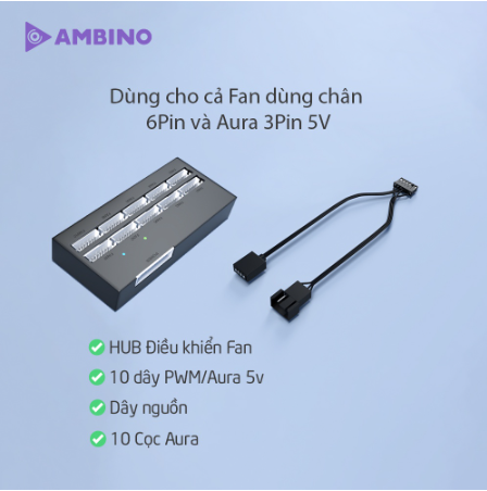  HUB điều khiển FAN Ambino, Bộ Chia Quạt Fan HUB 10 cổng Fan Case 6 pin nguồn cấp điện SATA + Dây PWM/Aura 5v 