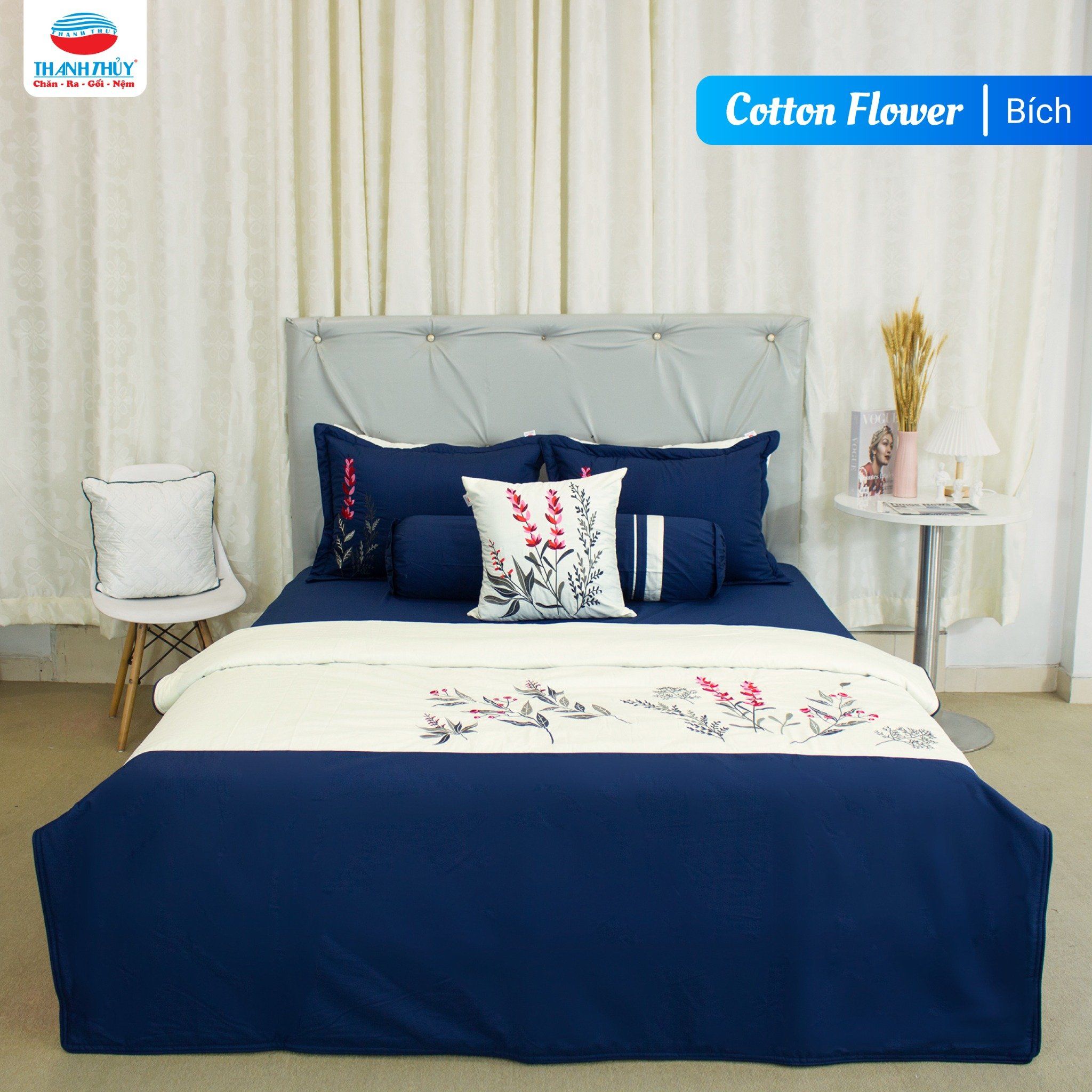  Bộ Ga Bọc Cotton Thêu Flower Màu Bích (16) 