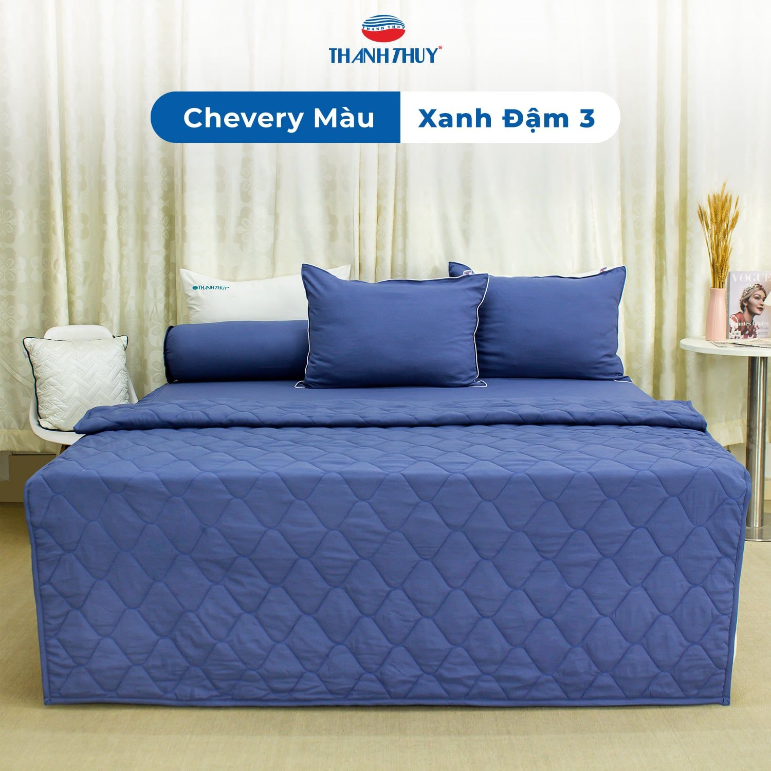  Bộ Ga Bọc Microfiber Chevery Màu Xanh Đậm (3) 