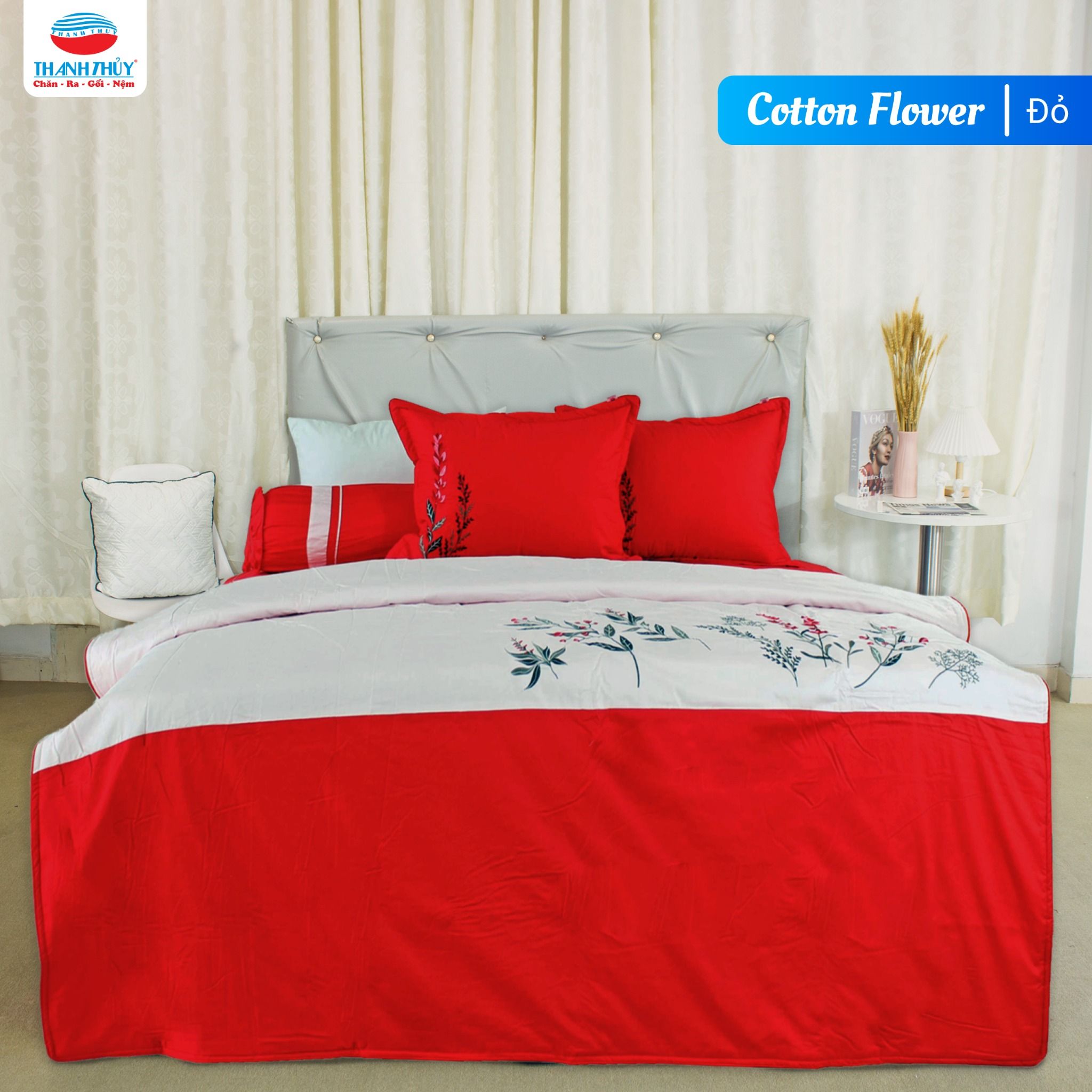  Bộ Ga Bọc Cotton Thêu Flower Màu Đỏ (NS) 