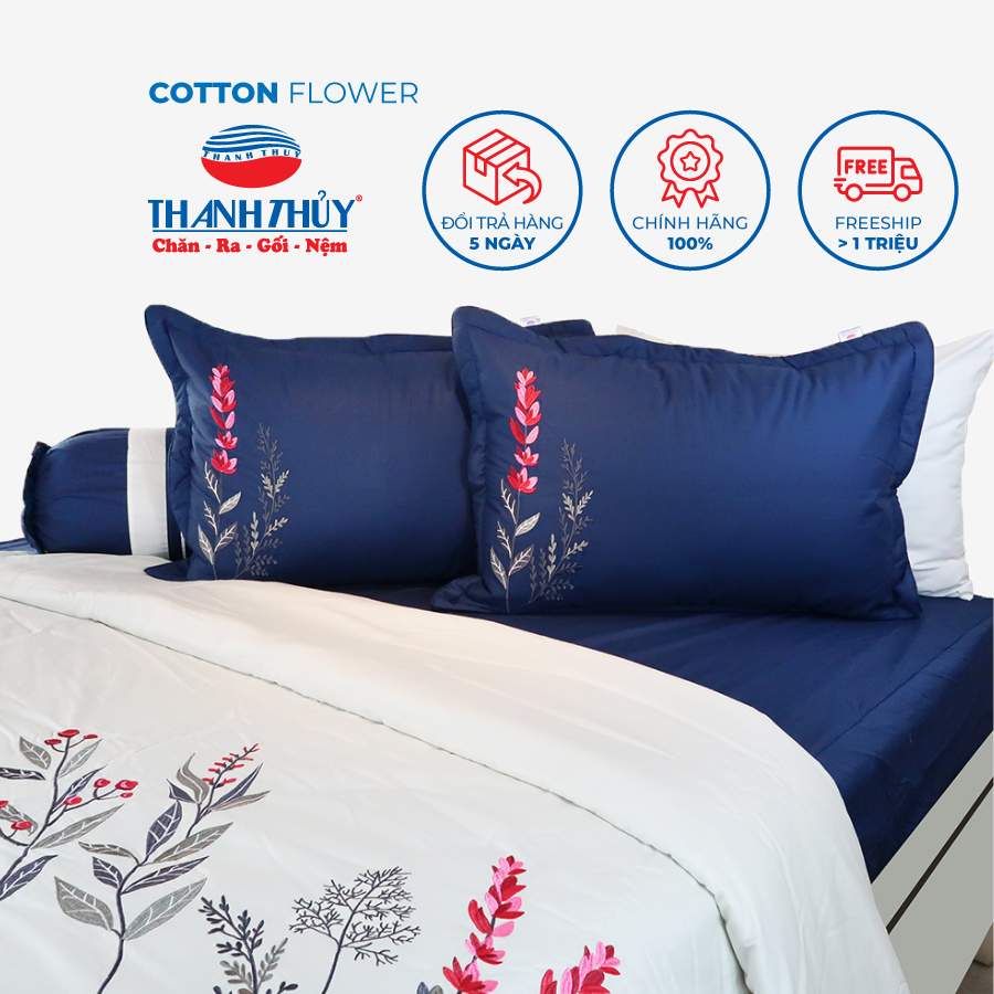  Bộ Ga Bọc Cotton Thêu Flower Màu Bích 