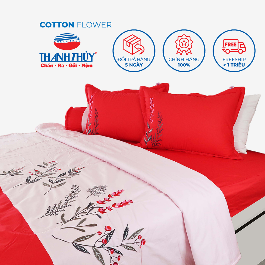  Bộ Ga Bọc Cotton Thêu Flower Màu Đỏ 