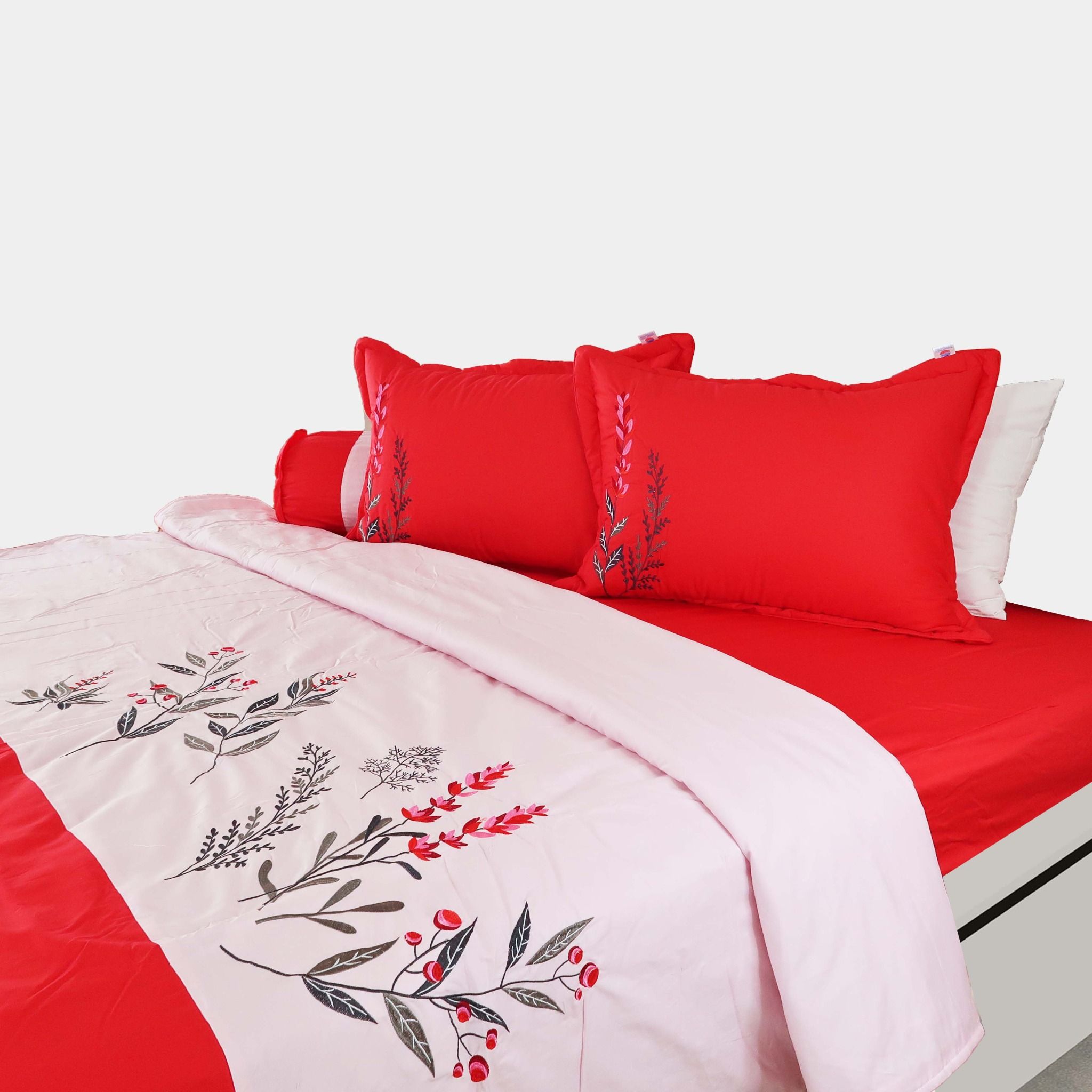  Bộ Ga Bọc Cotton Thêu Flower Màu Đỏ (NS) 