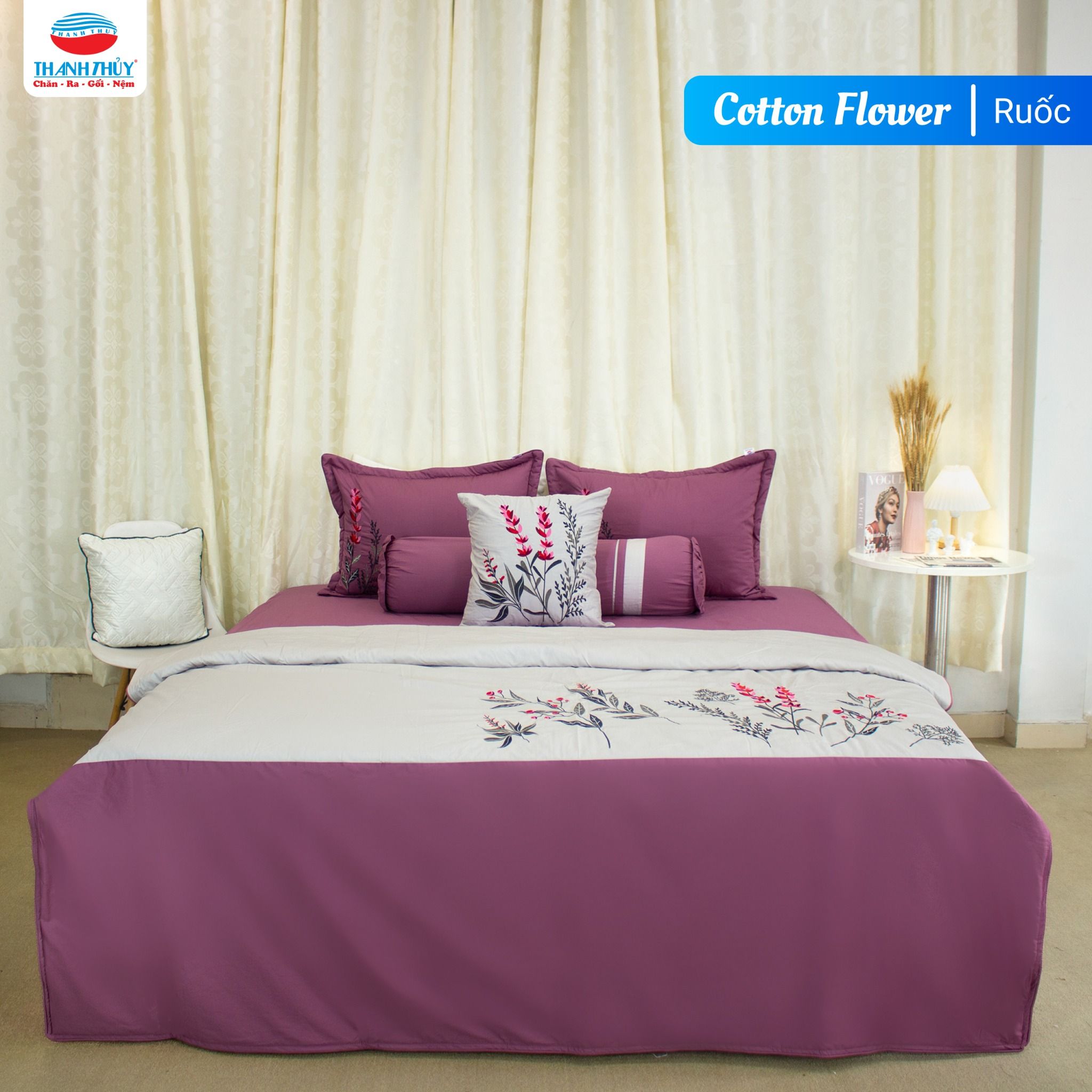  Bộ Ga Bọc Cotton Thêu Flower Màu Tím Than (13) 