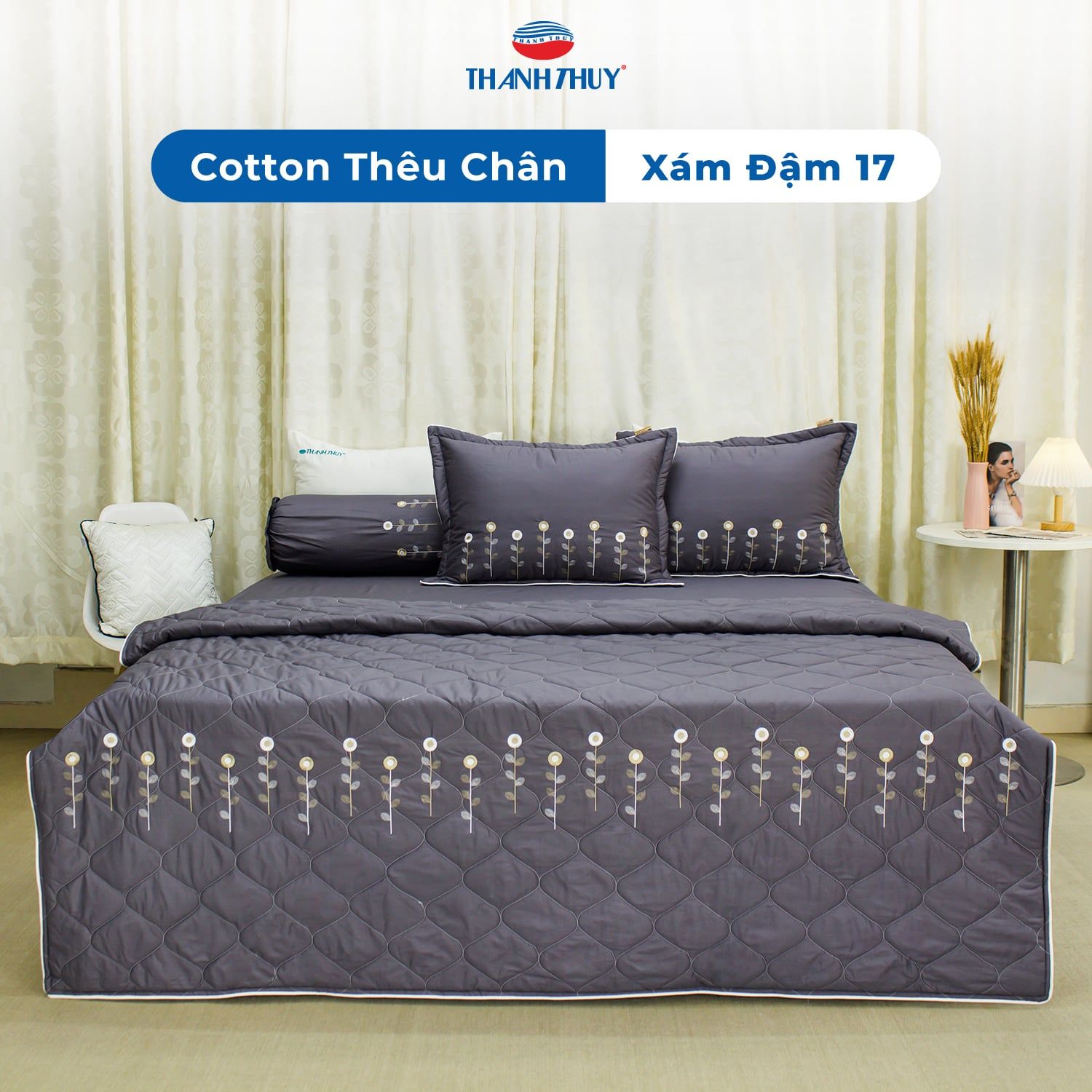  Bộ Ga Bọc Cotton Thêu Chân Màu Xám Đậm (17) 
