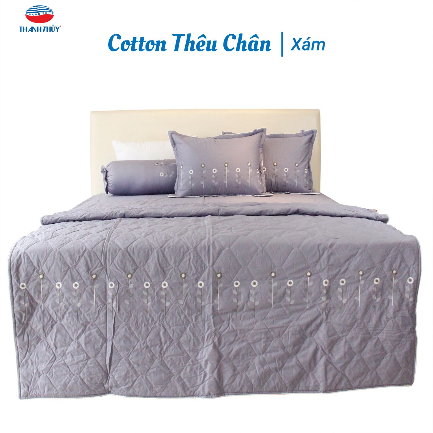  Bộ Ga Bọc Cotton Thêu Chân Màu Xám (5) 