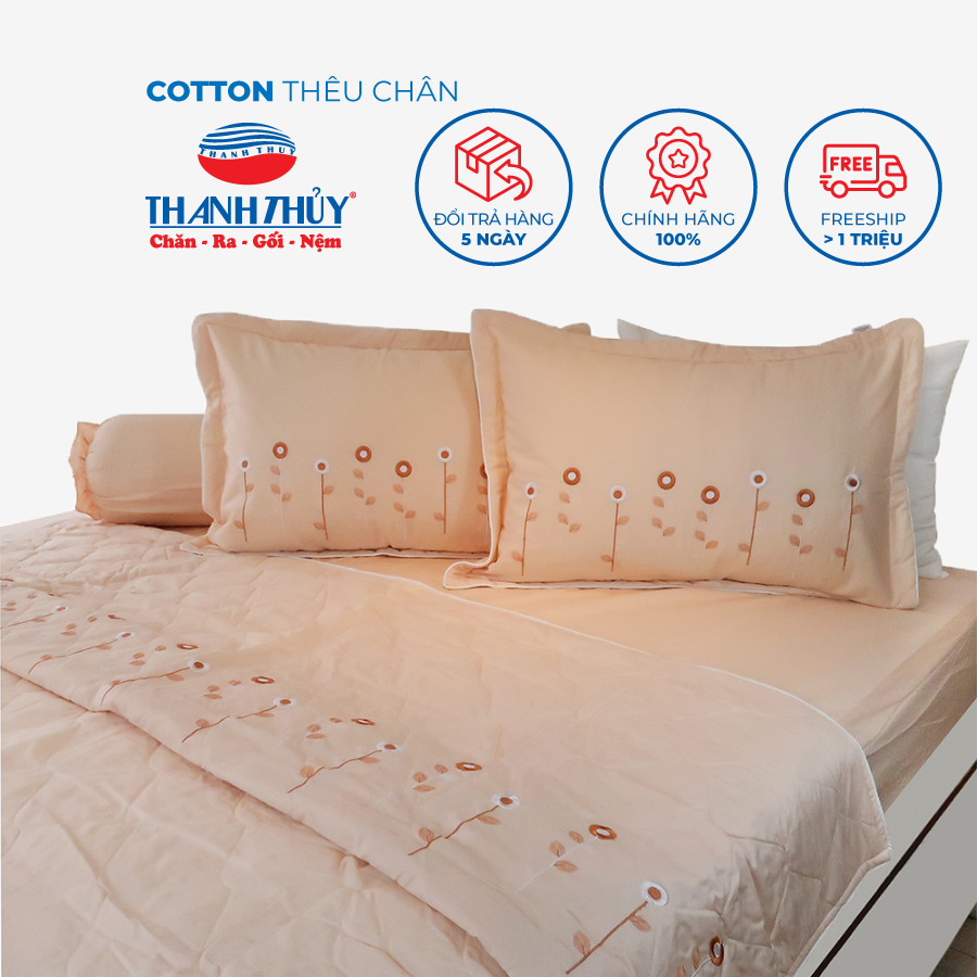  Bộ Ga Bọc Cotton Thêu Chân Màu Kem Sữa 