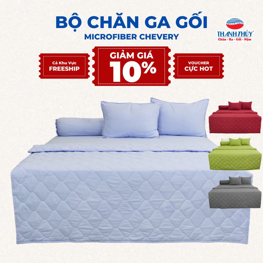  [Giảm 10%] Bộ Chăn Ga Gối 5 món - Microfiber Chevery Màu (Vỏ gối không lót gòn) - Màu trơn - THANH THUY 