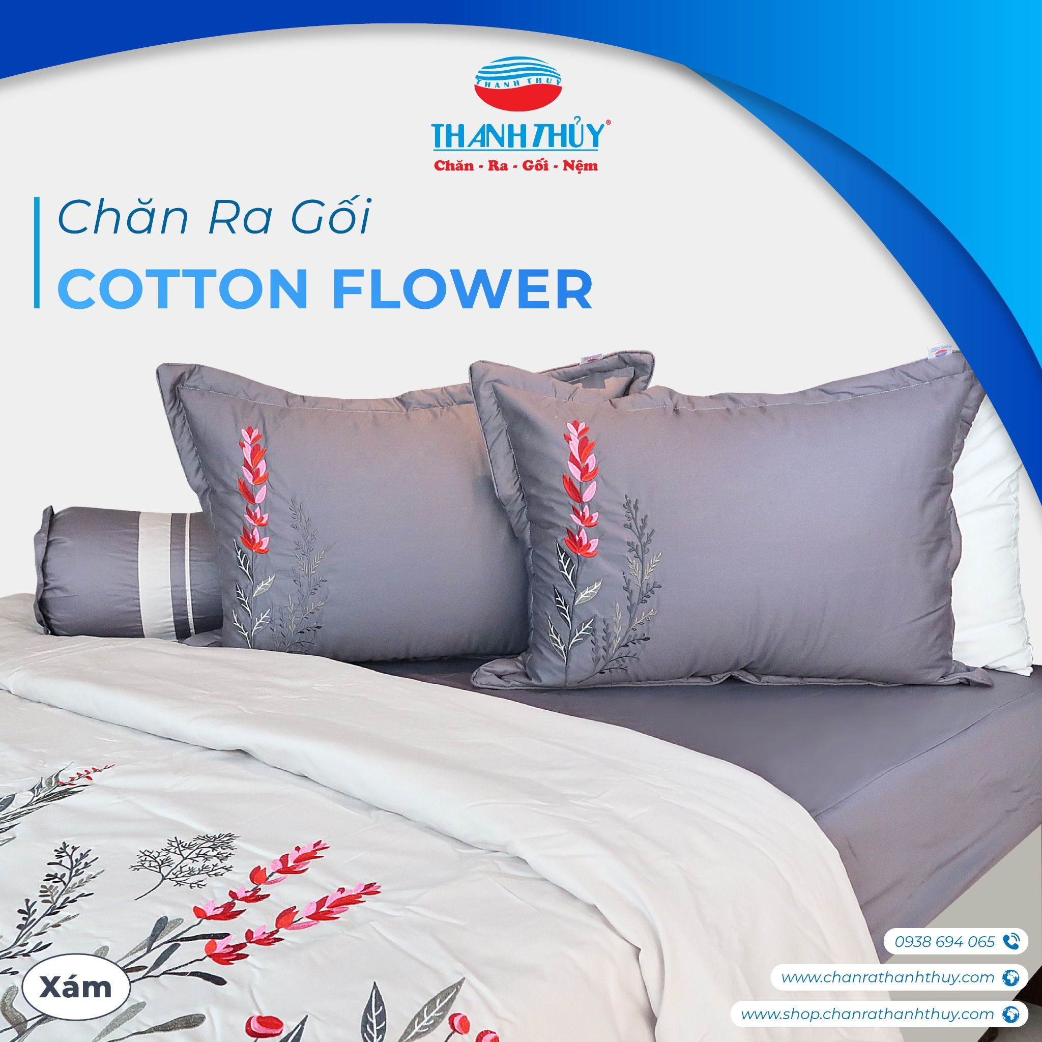  Bộ Ga Bọc Cotton Thêu Flower Màu Xám 