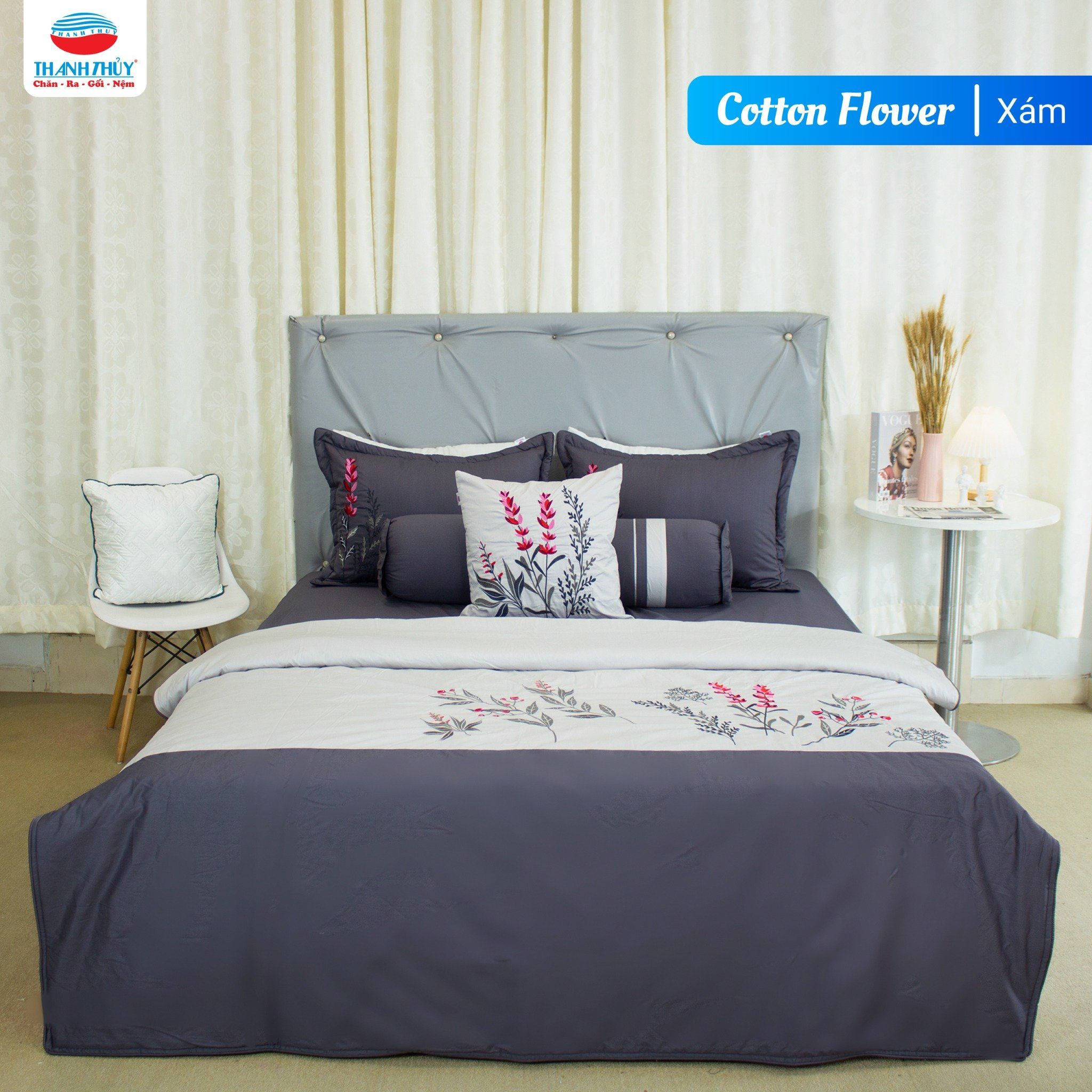  Bộ Ga Bọc Cotton Thêu Flower Màu Xám Đậm (17) 