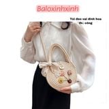  Túi cói tròn đeo chéo, đeo vai đi chơi dạo phố, đính hoa thủ công dịu dàng nữ tính mã BLXX02 