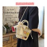  Túi cói vuông đi biển đính hoa, dạo phố, chụp ảnh đẹp cho nữ, túi đeo chéo dễ thương 