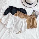  Áo bẹt vai thiết kế xỏ dây dễ thương cho nữ, chất kate dày, Freesize, hot 2023 