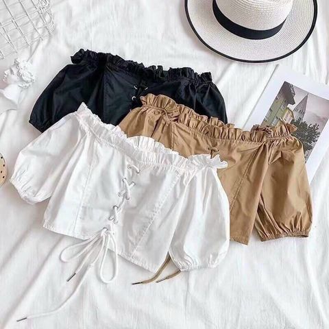  Áo bẹt vai thiết kế xỏ dây dễ thương cho nữ, chất kate dày, Freesize, hot 2023 