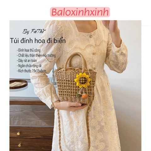  Túi cói vuông đi biển đính hoa, dạo phố, chụp ảnh đẹp cho nữ, túi đeo chéo dễ thương 