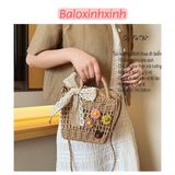  Túi cói vuông đi biển đính hoa, dạo phố, chụp ảnh đẹp cho nữ, túi đeo chéo dễ thương 
