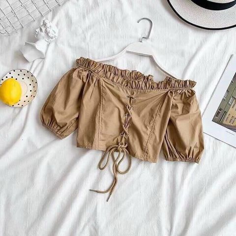  Áo bẹt vai thiết kế xỏ dây dễ thương cho nữ, chất kate dày, Freesize, hot 2023 