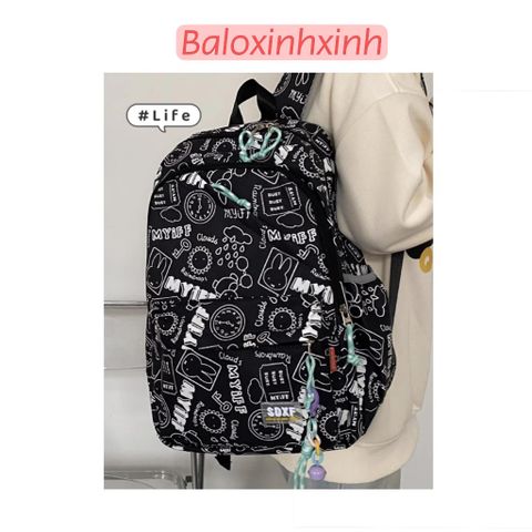  Balo họa tiết trắng đen học sinh nam nữ đi học, du lịch, đựng laptop, quần áo size to nhiều ngăn chất dù da bền đẹp 