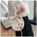  Túi cói tròn đeo chéo, đeo vai đi chơi dạo phố, đính hoa thủ công dịu dàng nữ tính mã BLXX02 