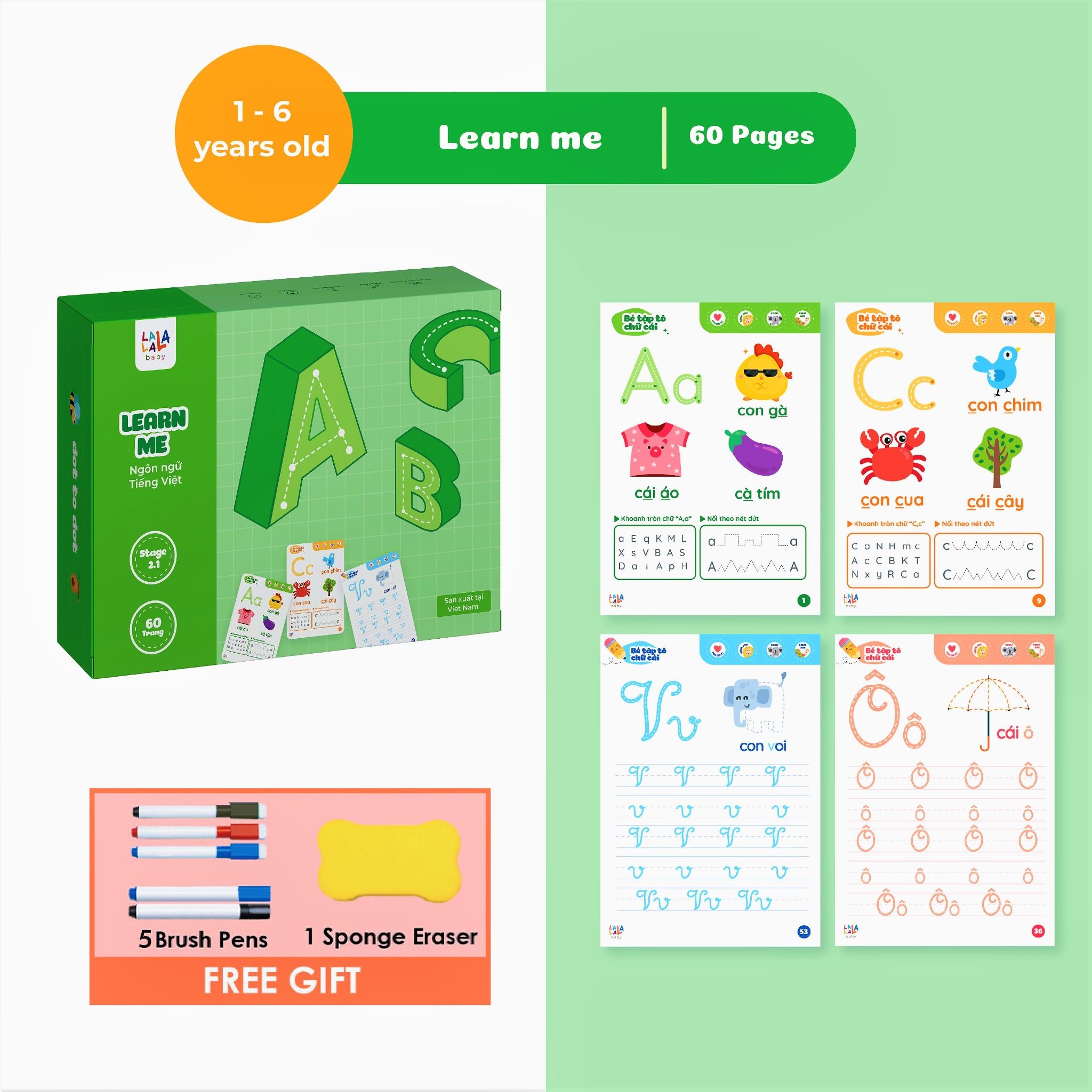  Sách luyện viết, học tiếng Việt Learn Me Lalala Baby,  bôi xóa được, tặng kèm 5 bút + cục bôi 