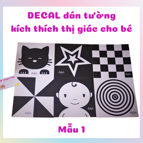  Bộ 6 thẻ decal giấy trắng đen Lalala baby, dán tường, kích thích thị giác trẻ sơ sinh 