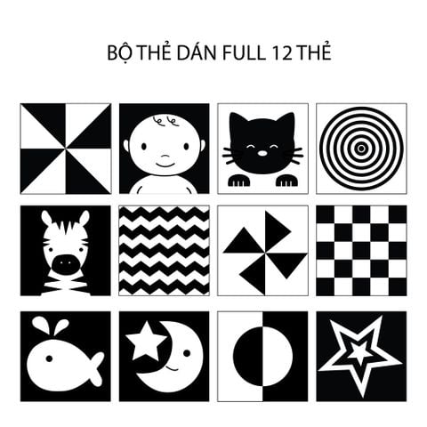  Bộ 6 thẻ decal giấy trắng đen Lalala baby, dán tường, kích thích thị giác trẻ sơ sinh 