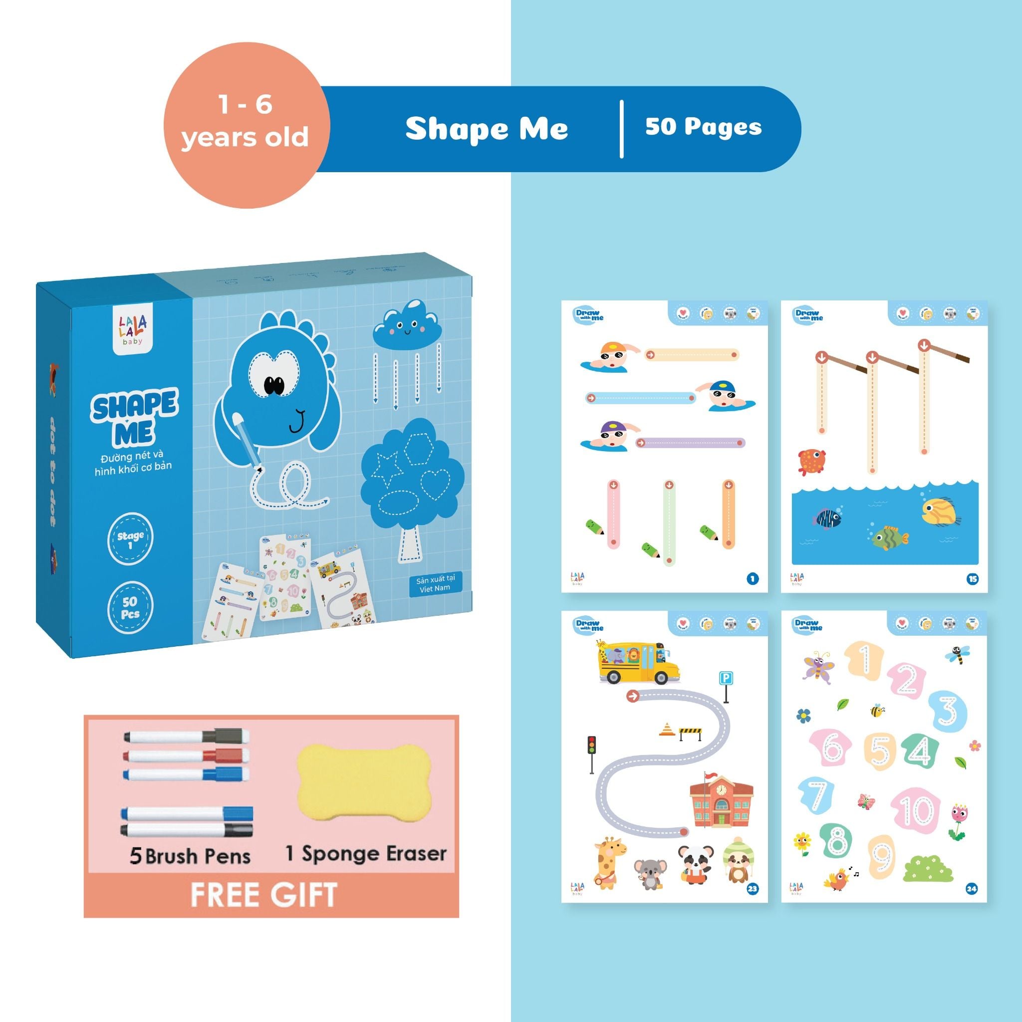  Sách luyện cầm viết Shape Me Lalala Baby, bôi xóa được, tặng kèm 5 bút + cục bôi 