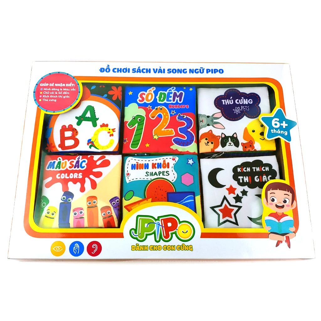  Hộp quà tặng 6 sách vải song ngữ cho bé sơ sinh PiPoVietnam, làm quà đầy tháng 
