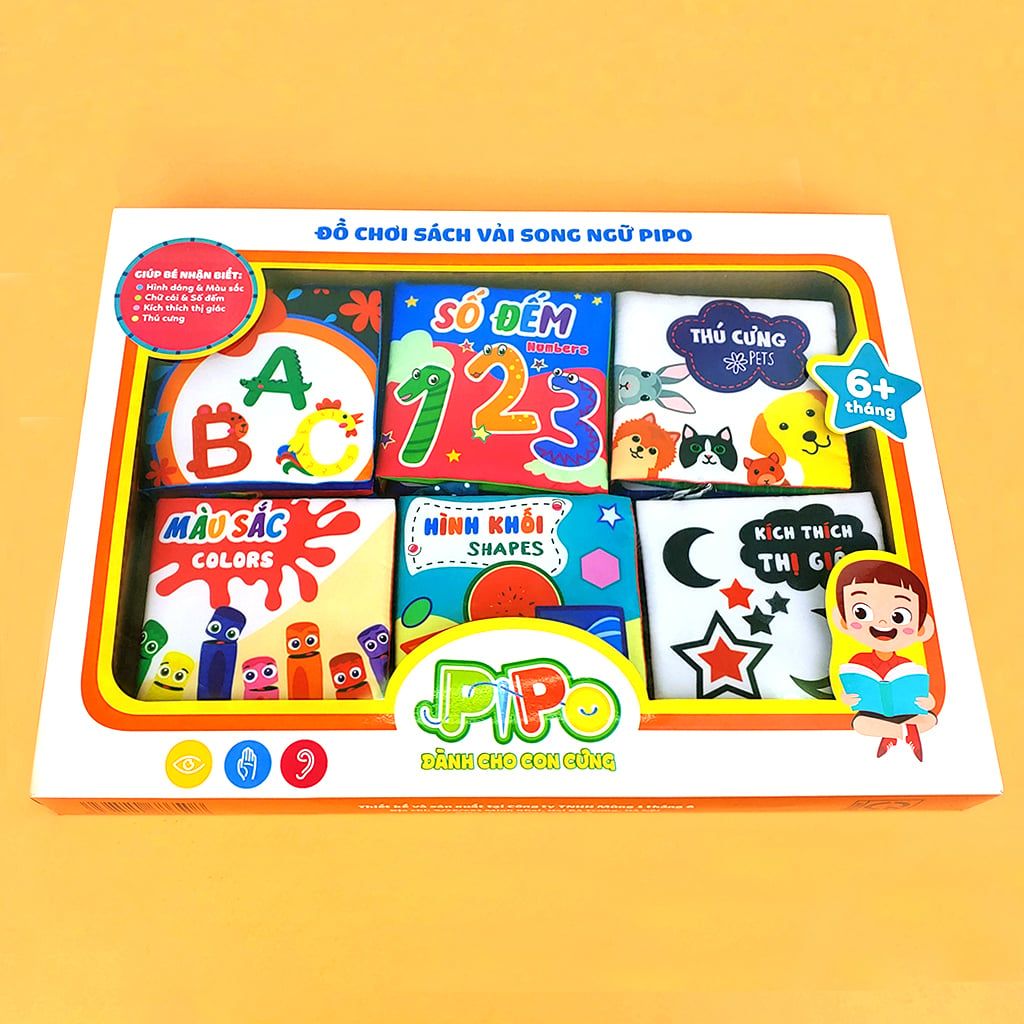  Hộp quà tặng 6 sách vải song ngữ cho bé sơ sinh PiPoVietnam, làm quà đầy tháng 