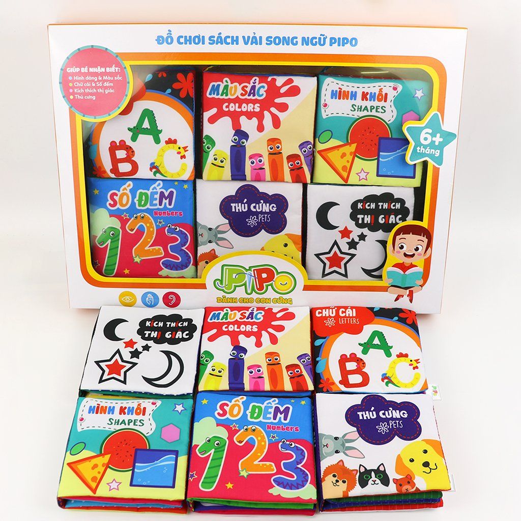  Hộp quà tặng 6 sách vải song ngữ cho bé sơ sinh PiPoVietnam, làm quà đầy tháng 