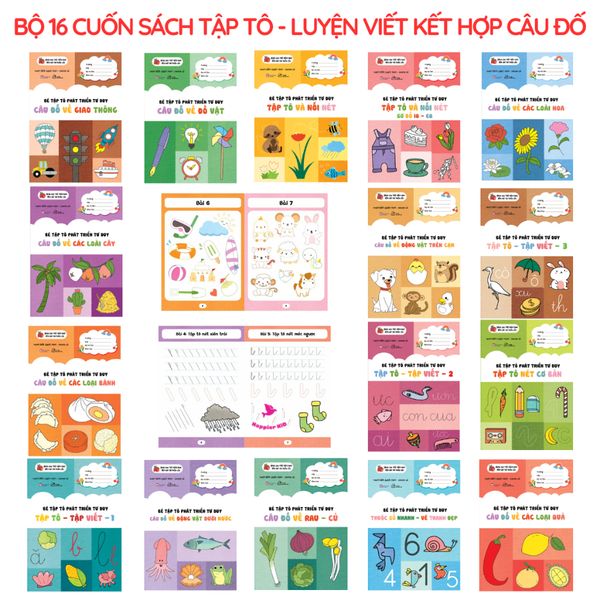  Bộ 16 cuốn sách tập tô màu, luyện viết, học chữ, học số,  câu đố tư duy 