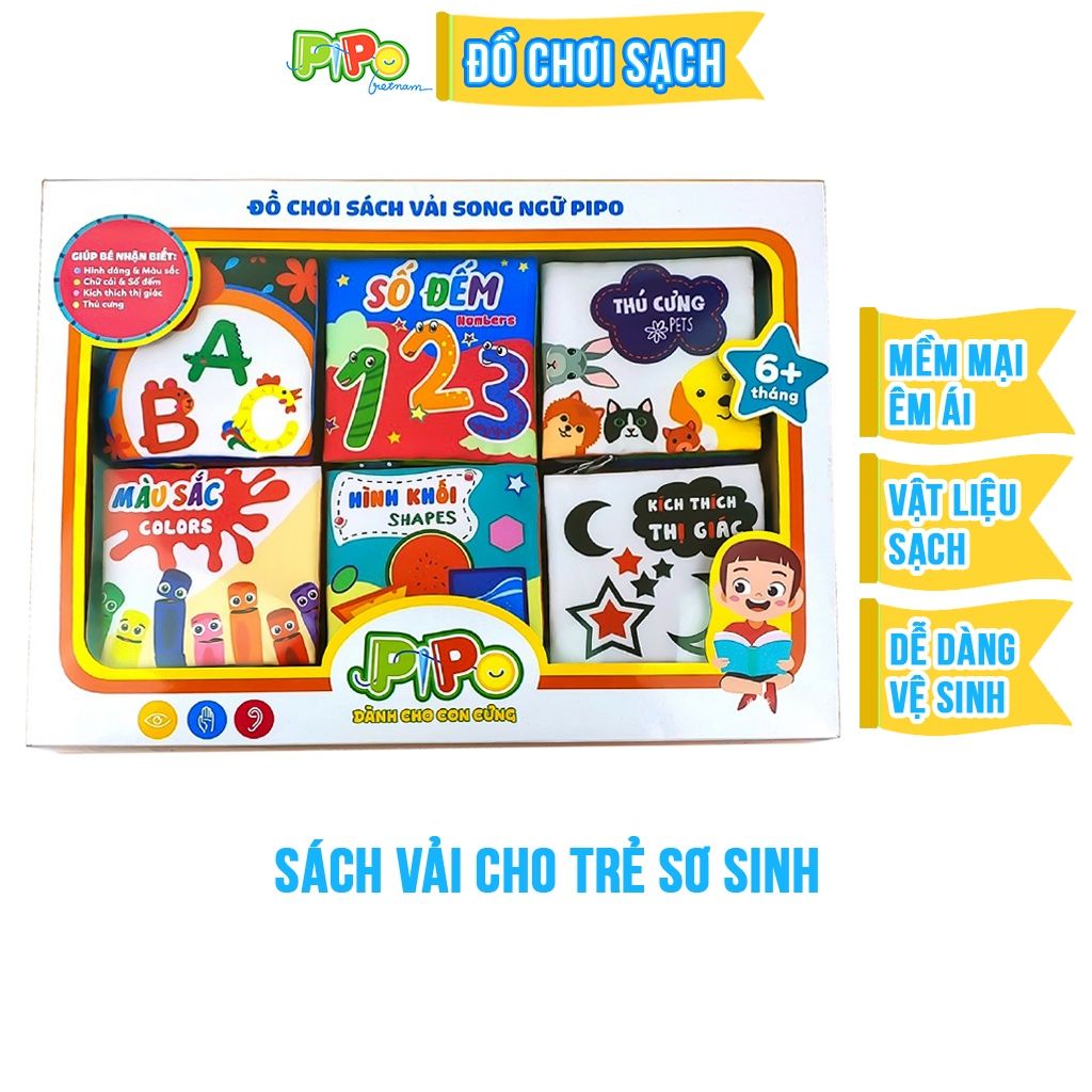  Hộp quà tặng 6 sách vải song ngữ cho bé sơ sinh PiPoVietnam, làm quà đầy tháng 
