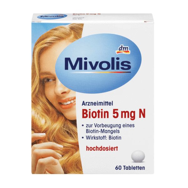  Viên uống mọc tóc MivolisViên uống đẹp da ,tóc ,móng ngăn rụng tóc DM Mivolis Biotin 5mg N 60v 