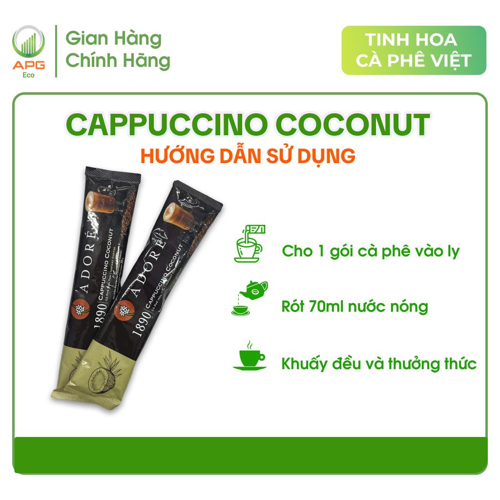 Cà Phê Hòa Tan ADORÉ 1890 Cappuccino Coconut Cafe 3in1 Vị Dừa Thơm Ngậy Giúp Tỉnh Táo Tập Trung Hộp 200g (10 gói x 20g)
