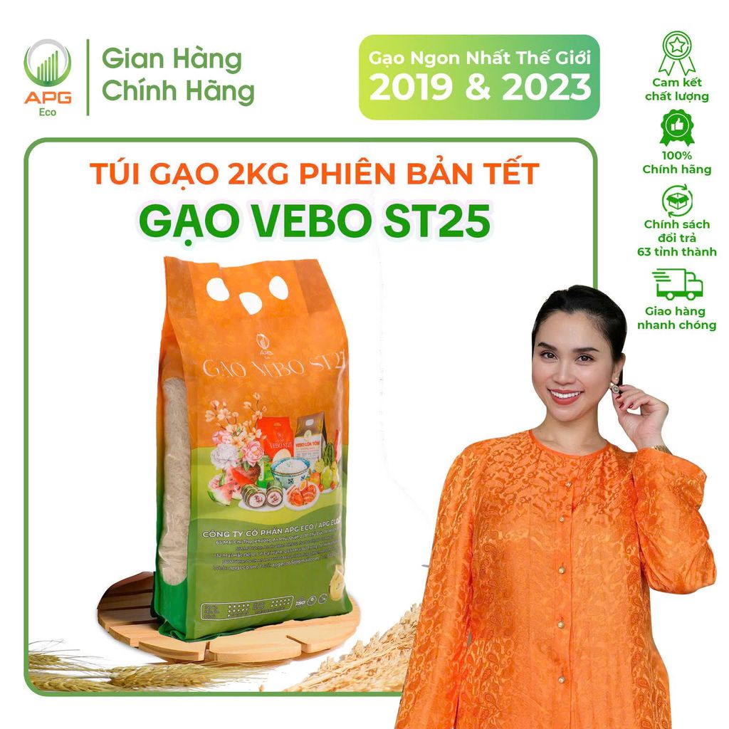 Gạo Vebo ST25 APG ECO Túi 2Kg Hữu cơ, Dẻo, Thơm lá dứa - Phiên bản Tết Ất Tỵ 2025