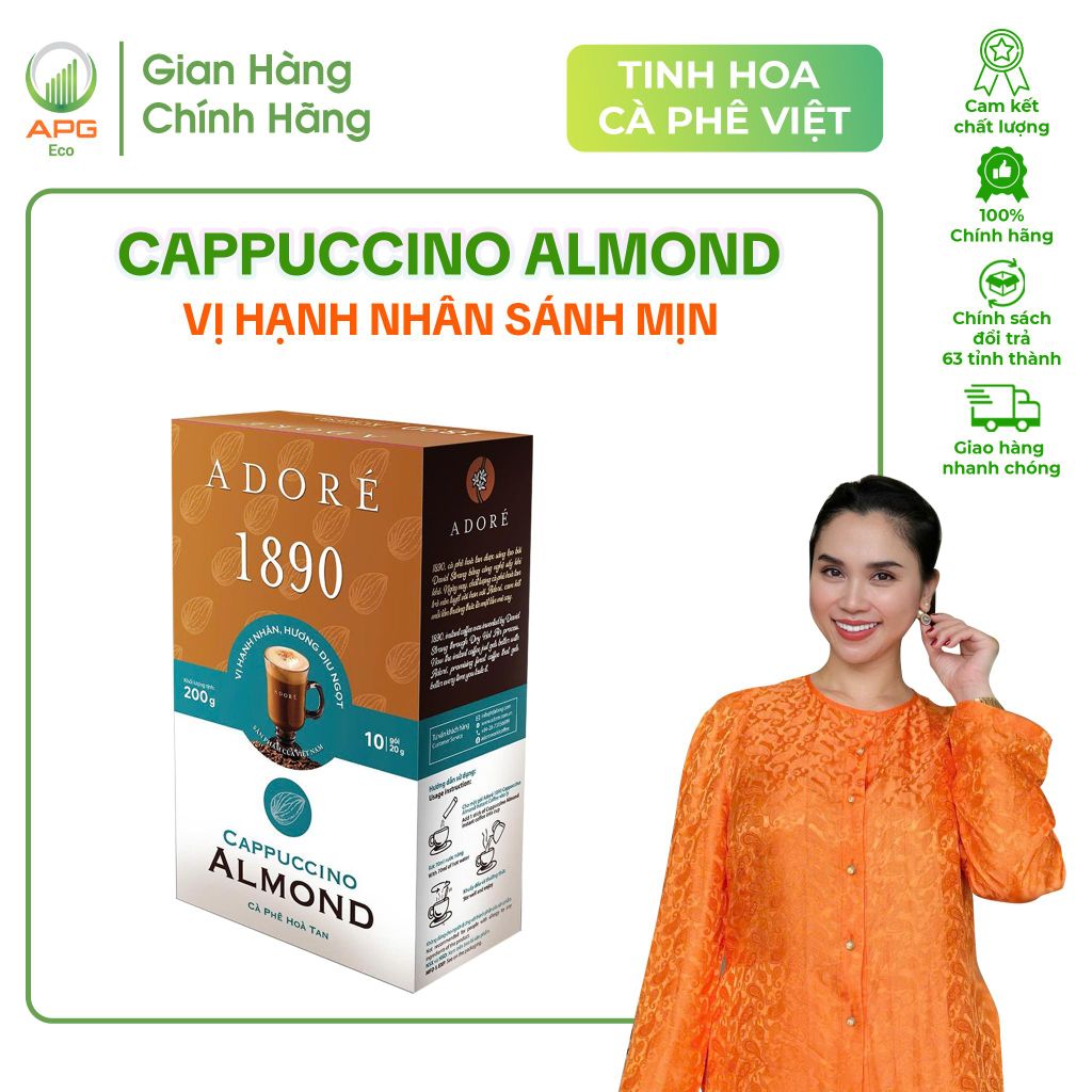 Cà Phê Hòa Tan ADORÉ 1890 Cappuccino Almond Cafe 3in1 Vị Hạnh Nhân Sánh Mịn Thơm Ngon Độc Đáo Hộp 200g (10 gói x 20g)