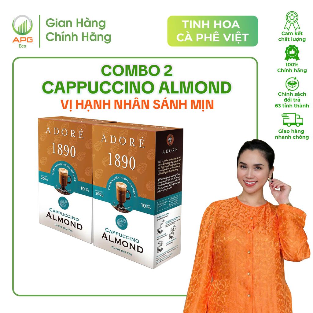 Combo 2 Hộp Cà Phê Hòa Tan ADORÉ 1890 Cappuccino Almond Cafe 3in1 Vị Hạnh Nhân Sánh Mịn Thơm Ngon Độc Đáo Hộp 200g (10 gói x 20g)