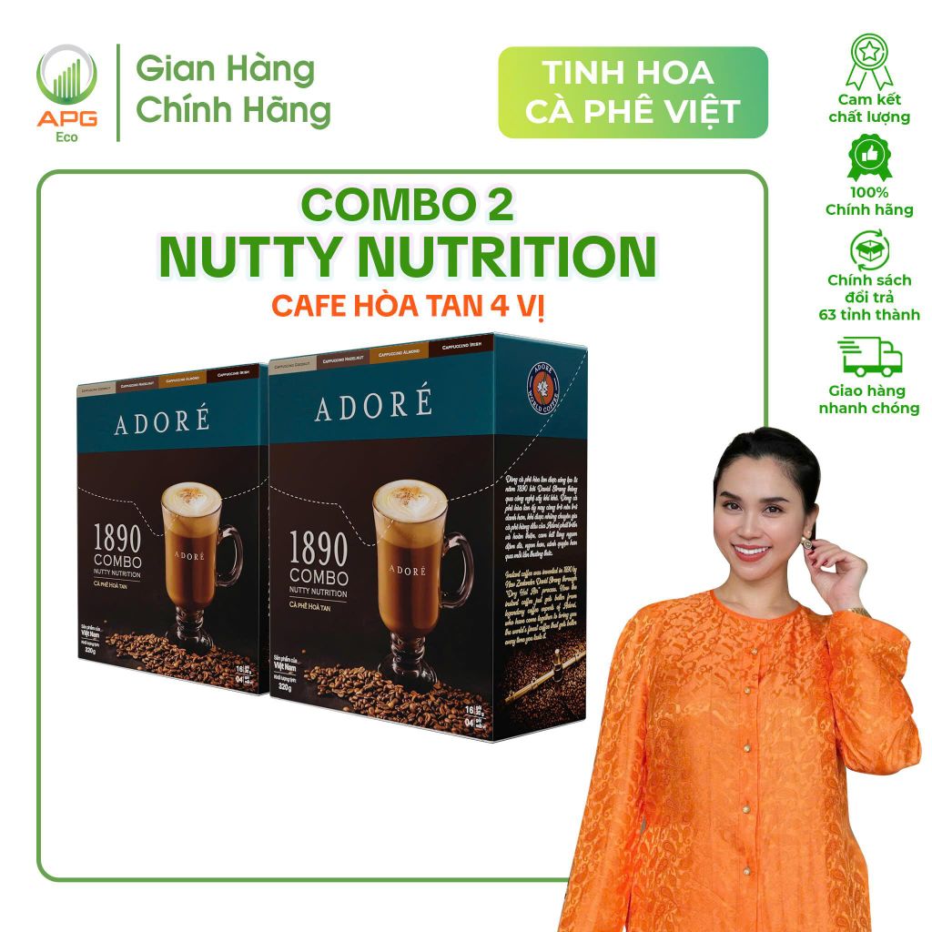 2 Hộp Cà Phê Cappuccino ADORÉ 1890 Nutty Nutrition, Cafe Hòa Tan 4 Vị Thơm Ngon Cao Cấp Hộp 320gr (20gr x 16 gói), 4gói mỗi vị