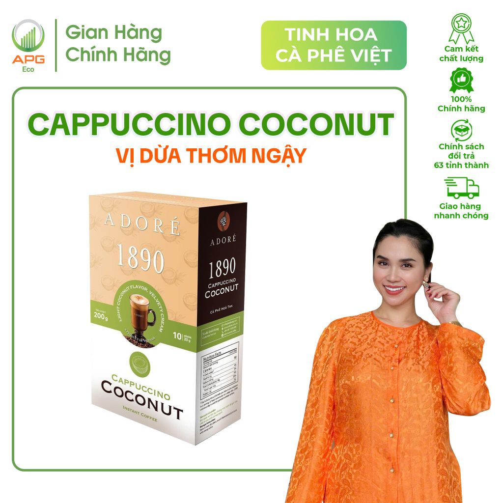 Cà Phê Hòa Tan ADORÉ 1890 Cappuccino Coconut Cafe 3in1 Vị Dừa Thơm Ngậy Giúp Tỉnh Táo Tập Trung Hộp 200g (10 gói x 20g)