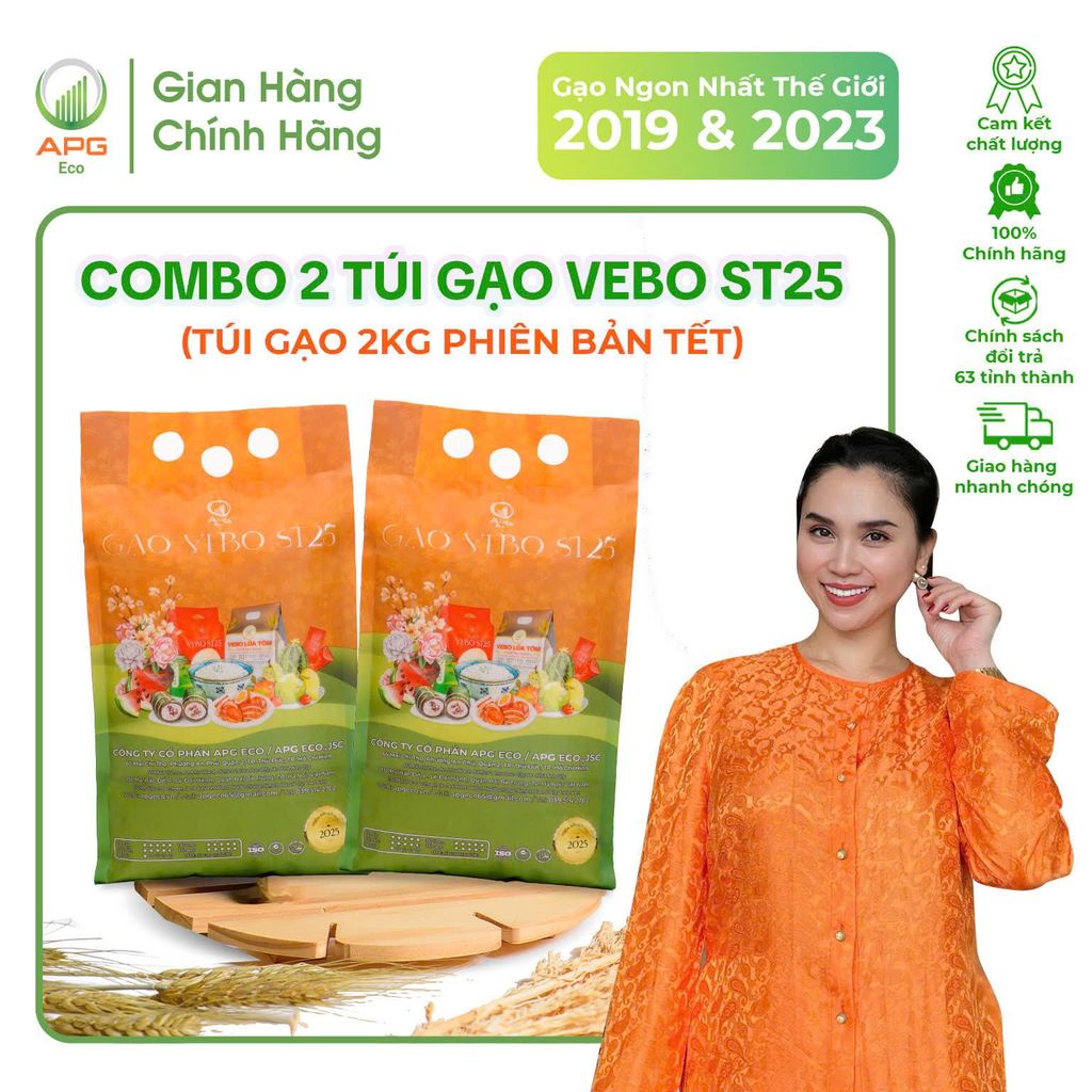 Combo 2 Túi Gạo 2Kg Vebo ST25 APG ECO Hữu cơ, Dẻo, Thơm lá dứa - Phiên bản Tết Ất Tỵ 2025