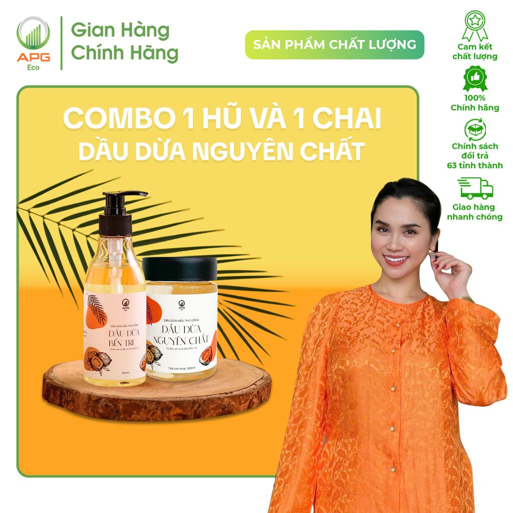 Combo 1 Hũ và 1 Chai Dầu Dừa Nấu Thủ Công APG ECO Chiết Xuất Từ Đặc Sản Bến Tre, quy cách hũ/chai 250ML