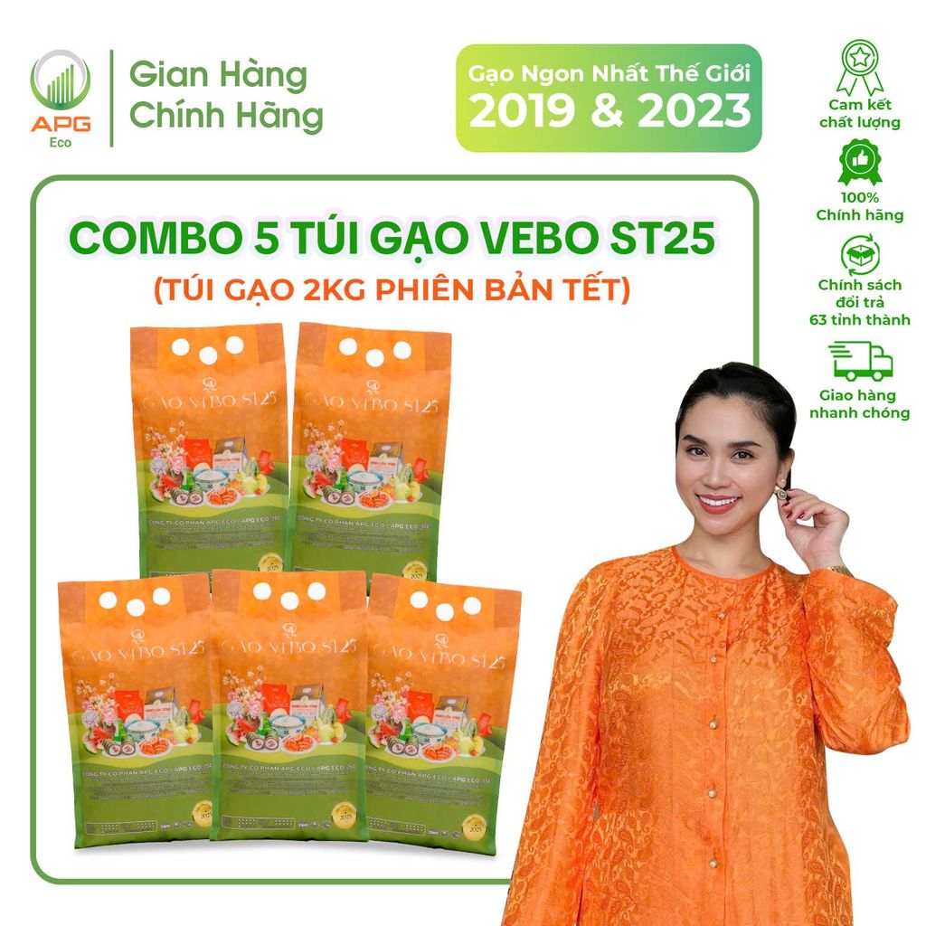 Combo 5 Túi Gạo 2Kg Vebo ST25 APG ECO Hữu cơ, Dẻo, Thơm lá dứa - Phiên bản Tết Ất Tỵ 2025