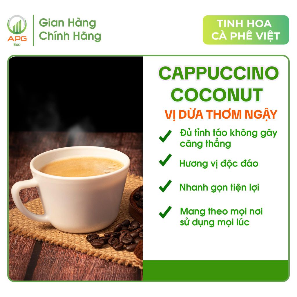 Cà Phê Hòa Tan ADORÉ 1890 Cappuccino Coconut Cafe 3in1 Vị Dừa Thơm Ngậy Giúp Tỉnh Táo Tập Trung Hộp 200g (10 gói x 20g)