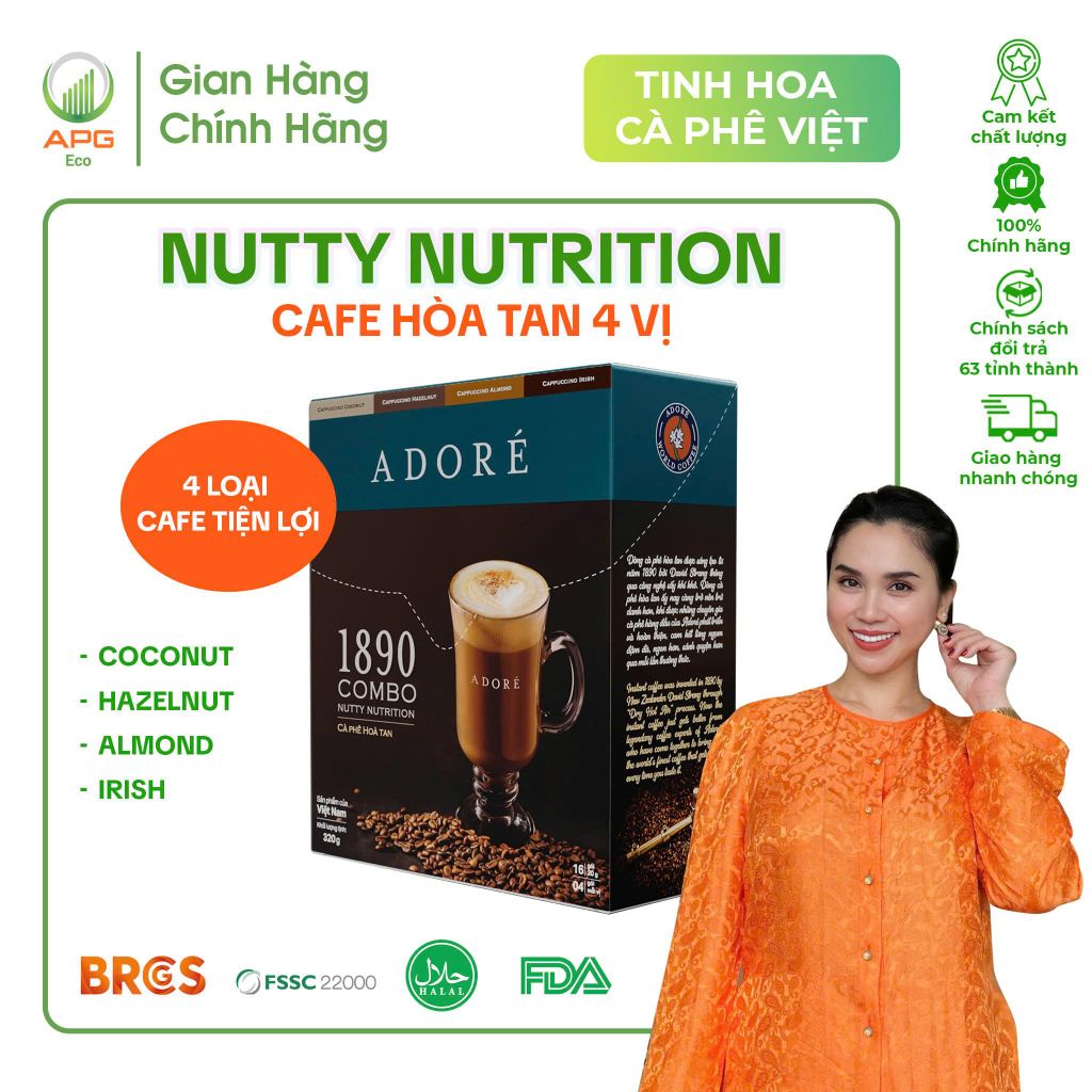 Cà Phê Cappuccino ADORÉ 1890 Nutty Nutrition, Cafe Hòa Tan 4 Vị Thơm Ngon Cao Cấp Hộp 320gr (20gr x 16 gói), 4gói mỗi vị