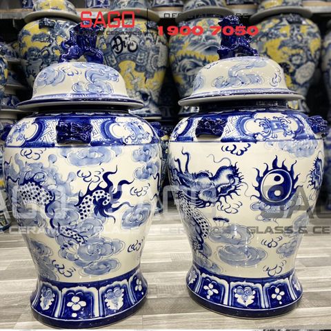  Cặp Chóe Bát Tràng Phong Thủy Men Lam 20 Lít | Họa Tiết Song Long Chầu Nguyệt 