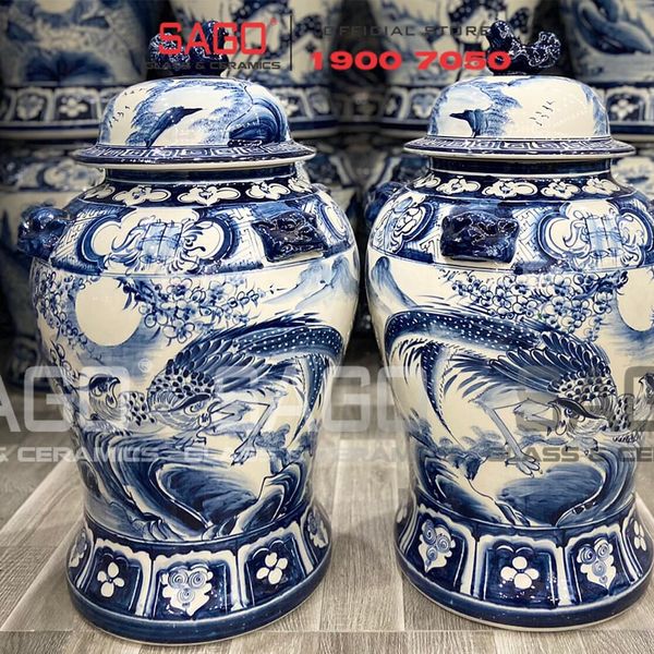  Cặp Chóe Bát Tràng Phong Thủy Men Lam 50 Lít | Họa Tiết Công Đào 