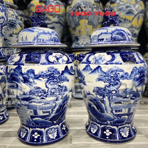  Cặp Chóe Bát Tràng Phong Thủy Men Lam 50 Lít | Họa Tiết Sơn Cảnh Hữu Tình 