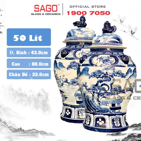  Cặp Chóe Bát Tràng Phong Thủy Men Lam 50 Lít | Họa Tiết Sơn Cảnh Hữu Tình 