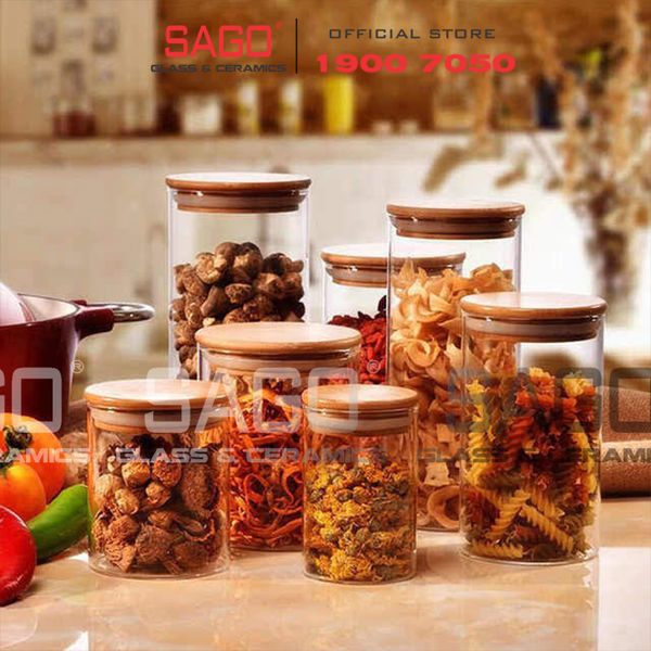  Hũ Thủy Tinh Trụ Nắp Gỗ Tre Cao Cấp | Tùy Chọn Dung Tích 